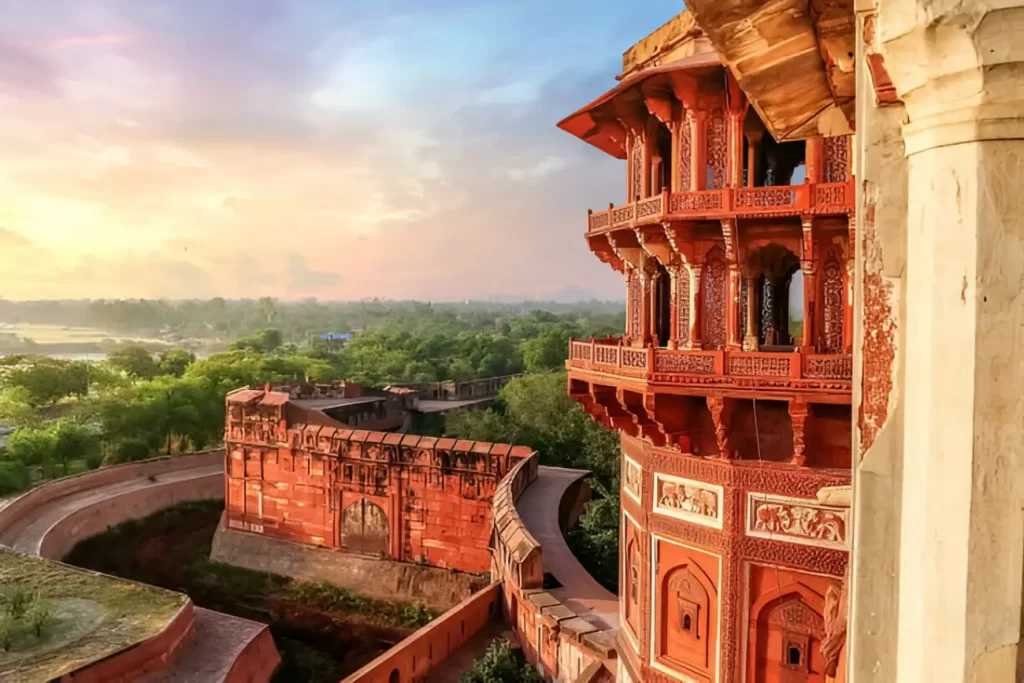 Agra Fort exterior architecture with landscape at sunset