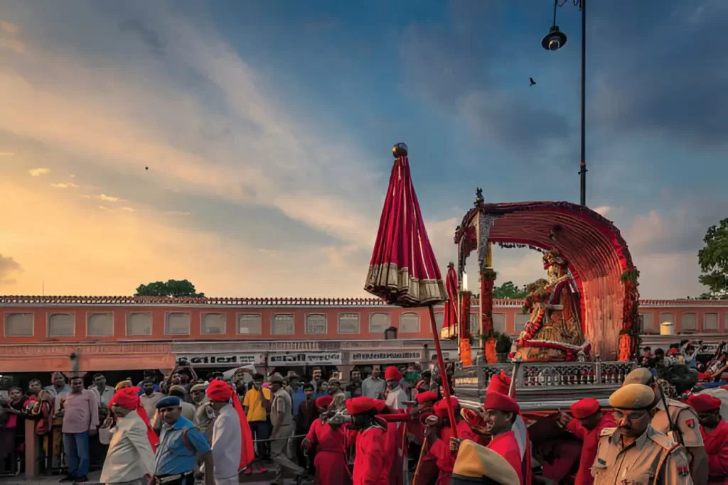 teej Savari - The Traditional Procession... on its way through the roads of Jaipur at Tripolia Bazaar on the occasion of Teej Festival in Jaipur, Rajasthan, India